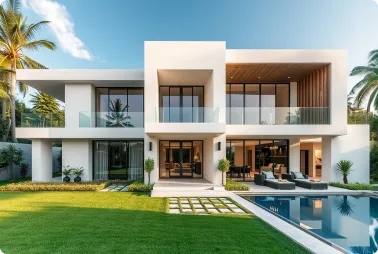 Modern two-story villa with glass balconies, a pool, and tropical landscaping in a sunny yard.