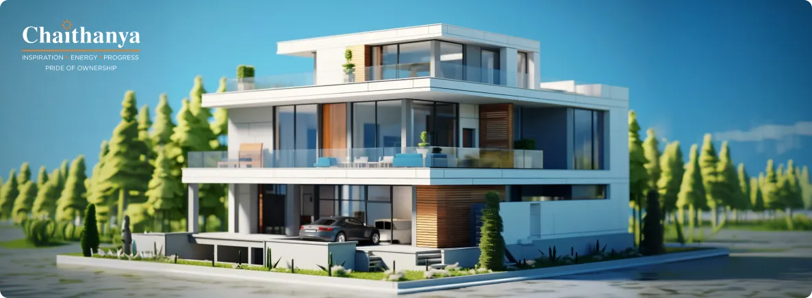 Modern three-story house with glass balconies, a covered carport, and landscaped surroundings; Chaithanya branding in the top-left corner.