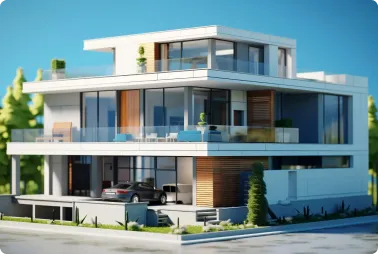 Modern three-story white house with expansive glass walls and balconies; a car is parked in the driveway with landscaped greenery around it.