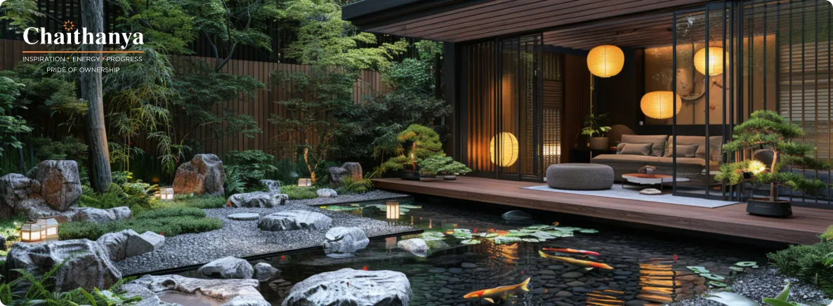 Japanese-inspired garden with koi pond, rocks, and lanterns beside a glass-walled living space.