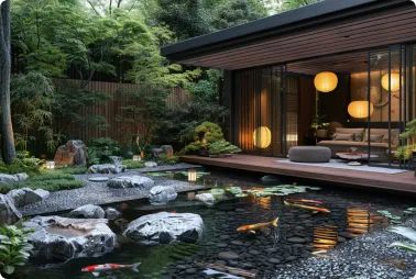 Tranquil backyard koi pond with rocks, greenery, and a wooden house with warm lantern lights reflecting on the water.
