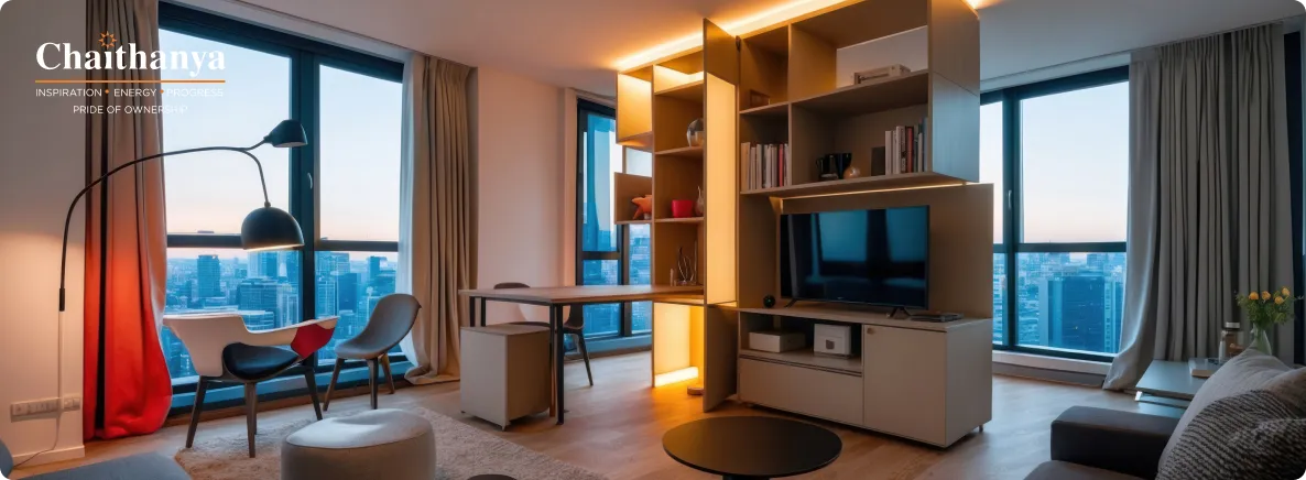 Modern living room in a high-rise apartment with floor-to-ceiling windows, city skyline view, and a sleek shelving unit with a TV centerpiece in warm lighting.