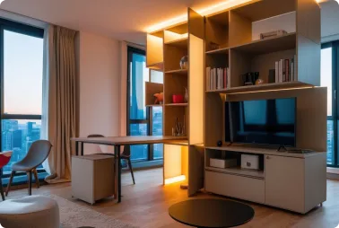 Modern living room with a built-in shelving unit around a TV, a desk by large windows, and warm integrated lighting.
