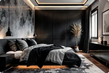 Modern dark-bedroom interior: black bed with gray–black bedding, pendant lights, textured rug, and a potted plant by a window against dark wall panels.