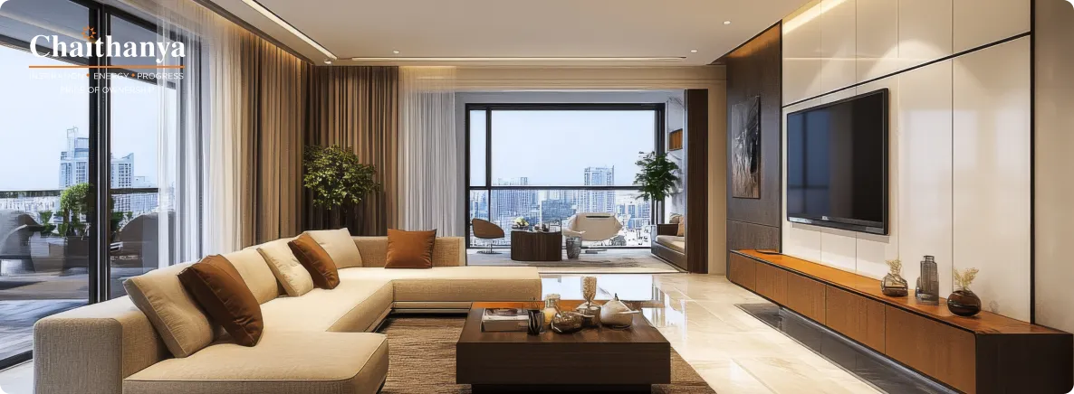 Spacious modern living room with a beige sectional sofa, dark wood coffee table, and wall-mounted TV, facing large glass doors opening to a city-view balcony.