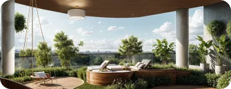 Luxurious outdoor terrace with a circular hot tub, wicker loungers, and lush potted plants overlooking a city skyline.