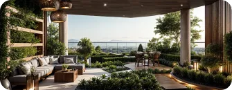 Outdoor covered terrace with cushioned seating, wooden furniture, and lush planters leading to a distant water view.