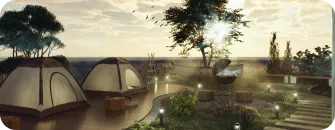 Sunset campsite with beige tents by calm water, a wooden boardwalk, trees, and small boats.
