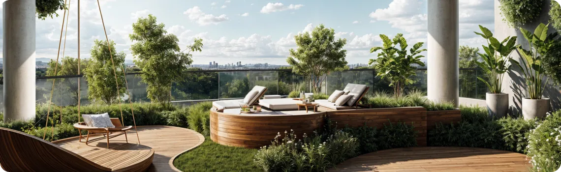 Sunny rooftop terrace with curved wooden sofa, lounge chairs, and lush planters overlooking a city skyline.
