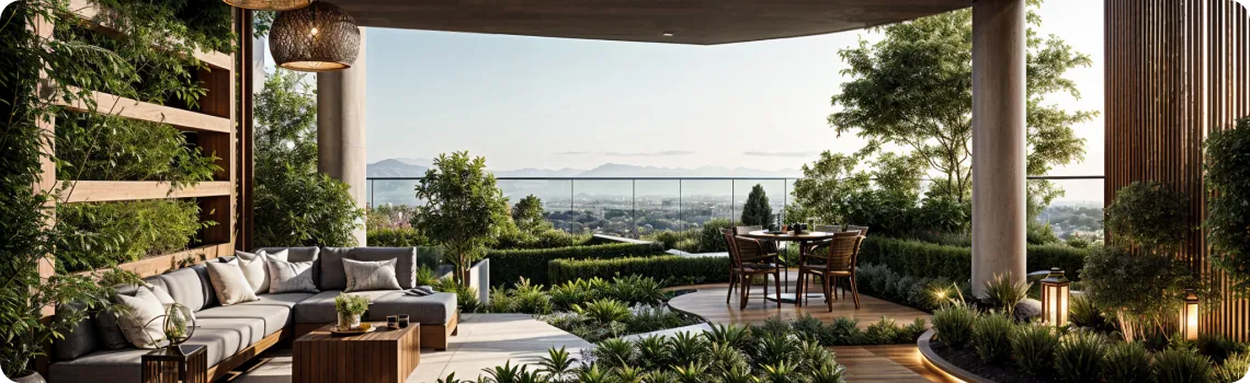 Sunlit rooftop terrace with a gray sectional sofa, potted plants, and a round dining table overlooking a cityscape.