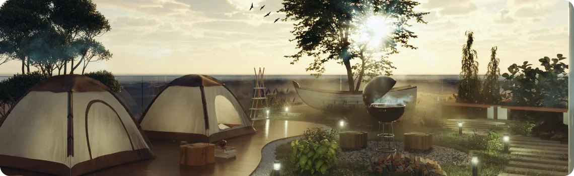Seaside campsite at sunset with two beige tents on a wooden deck, a fire pit, barbecue grill, and outdoor seating.