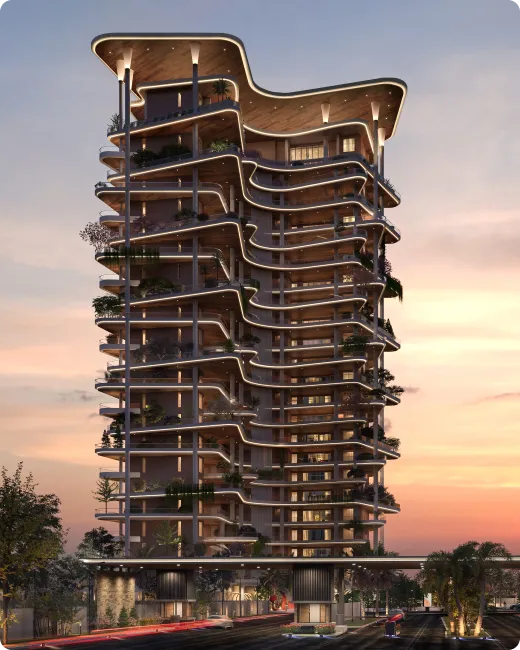 Tall modern building with wavy, illuminated balconies and greenery on each floor at sunset, a striking terraced façade.