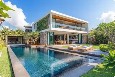 Modern two-story villa with stone exterior, glass balcony, and a long poolside deck with sun loungers and outdoor seating.